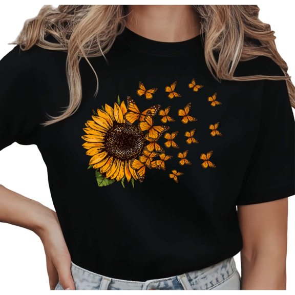 UNISHE Women's Sunflower with Monarch Butterflies Graphic Short Sleeve T-Shirt Casual Cotton Crewneck Top