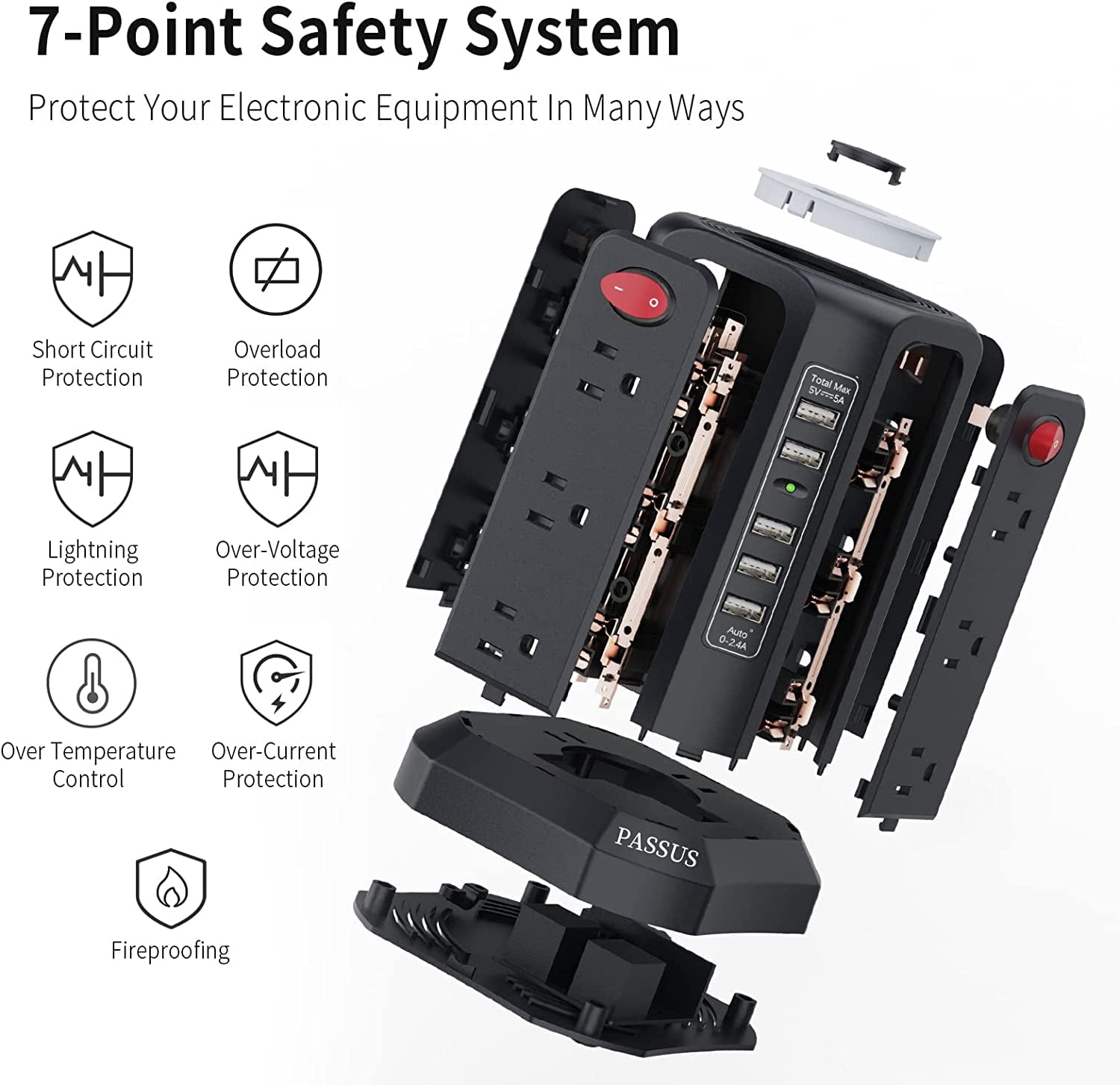 Surge Protector Tower with 5 USB Ports and Night Light, 10FT Extension Cord with 12 AC Multiple Outlets, Power Tower, Overload Protection for Home Office Dorm Room (Black)