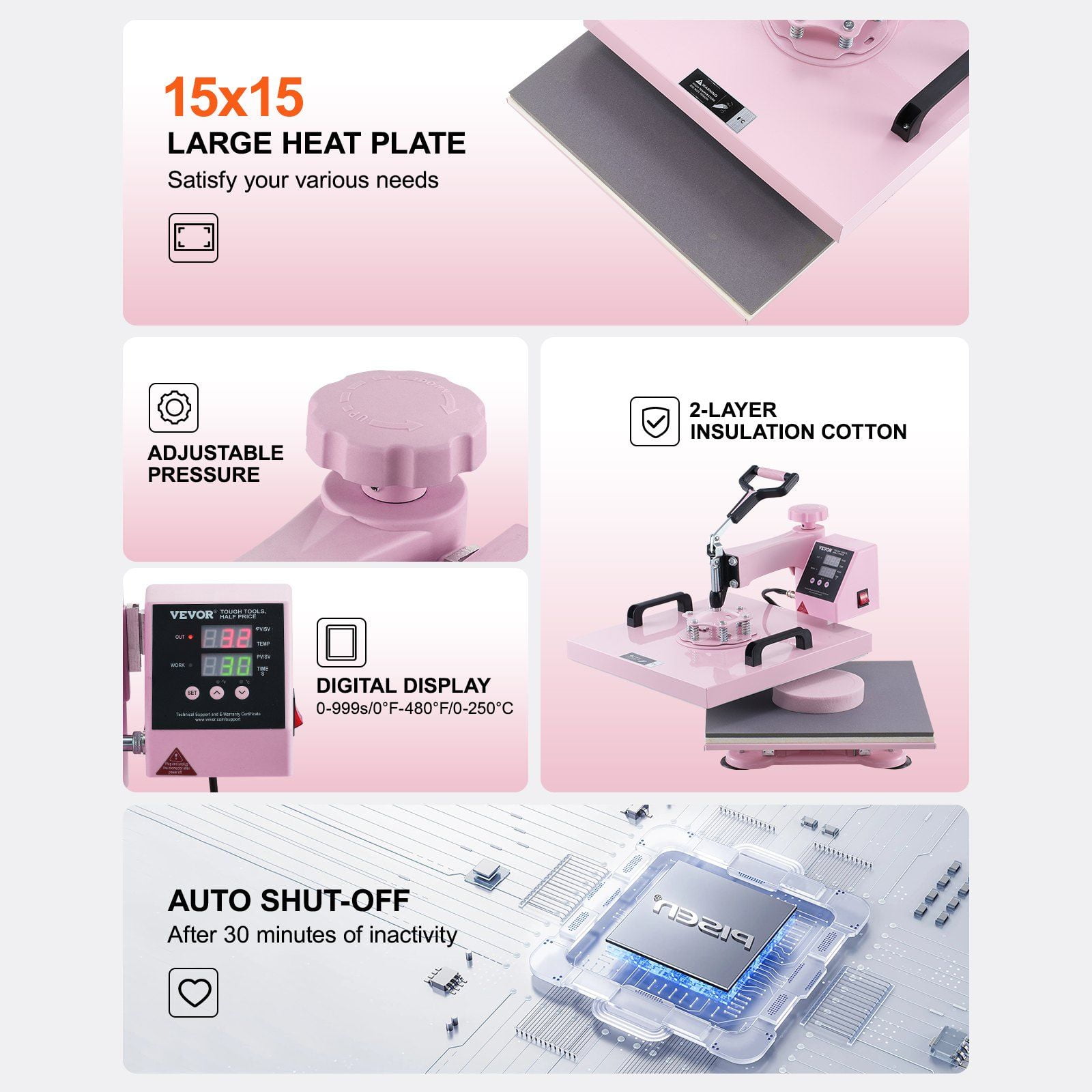 15x15 Inch 8-in-1 Heat Press Machine with 30oz Tumbler Press for T-Shirts, Pink – Digital Transfer & Sublimation