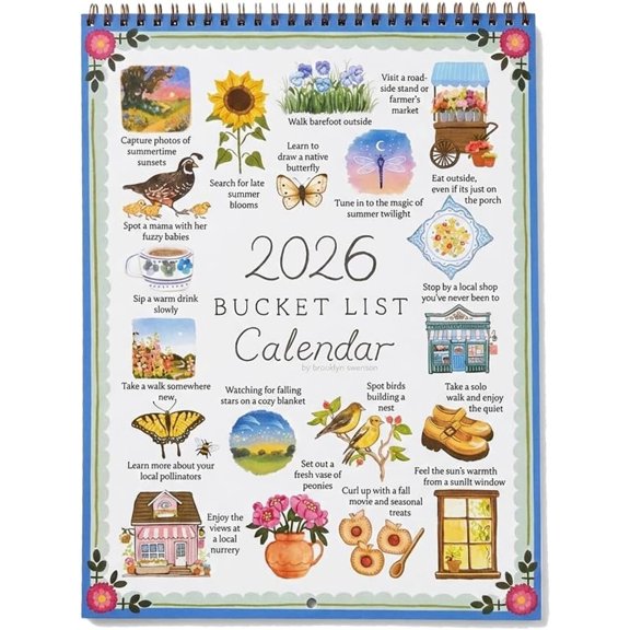 2026 Bucket List Calendar - Celebration of Life’s Seasons & Inspirational 12-Month Wall Planner, Hand-Drawn Illustrated Monthly Goals for Mindful Living, Thick Paper Spiral Hanging Decor Gift (1pc)