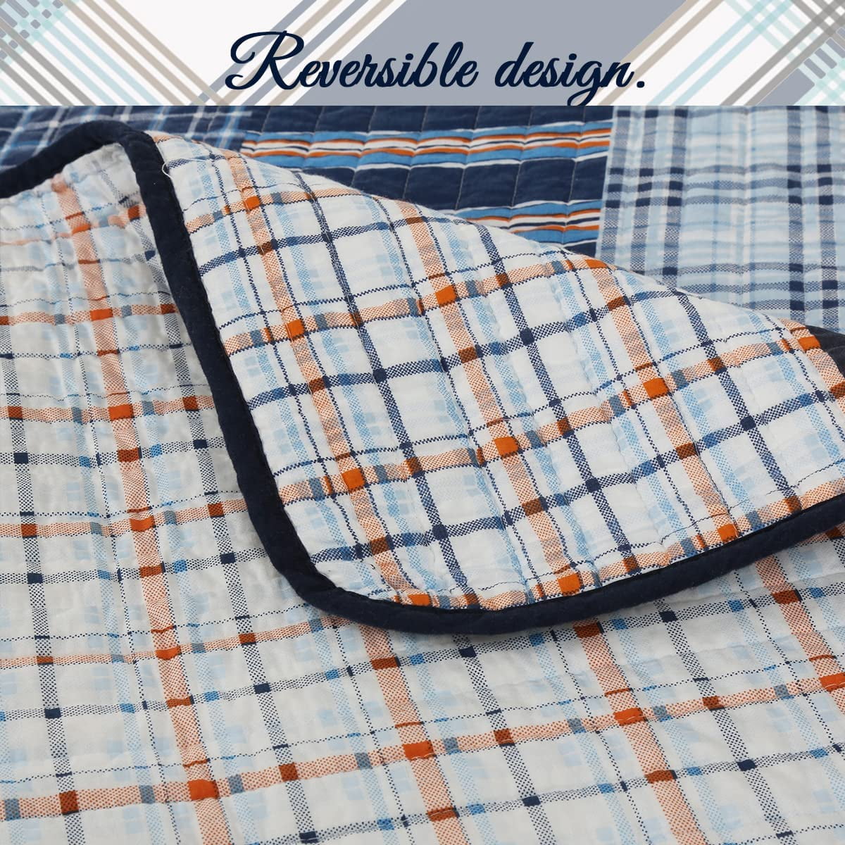 Cozy Line Home Fashions Navy Orange Striped Boy 100% Cotton Reversible Quilt Bedding Set, Twin 2-Piece