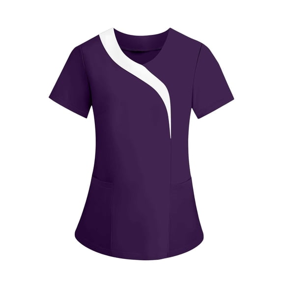 TEAJOPSUU Scrubs Top for Women Soft Stretch Color Block Medical Scrub Shirts Moisture-Wicking Scrub Tops with 2 Pockets B-Purple