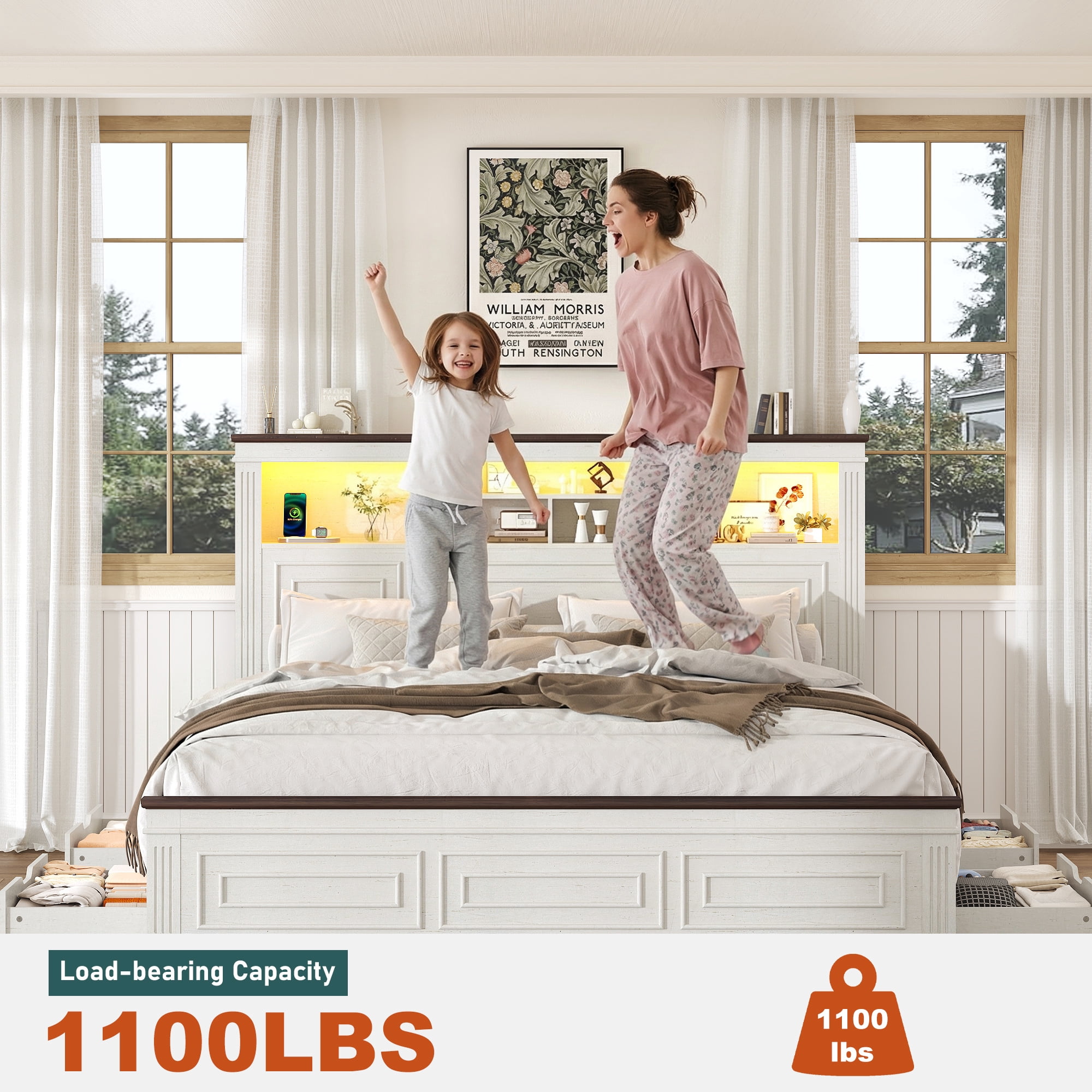 ANPOO Farmhouse King Size Bed Frame with 51" Tall Headboard & 4 Drawers, King Bed Frame and Headboard with LED Lights & Charging Ports, No Box Spring Needed, Wooden, Antique White