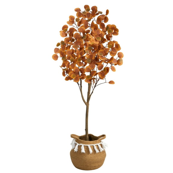 Nearly Natural 5ft. Artificial Autumn Eucalyptus Tree with Handmade Jute & Cotton Basket with Tassels, Orange