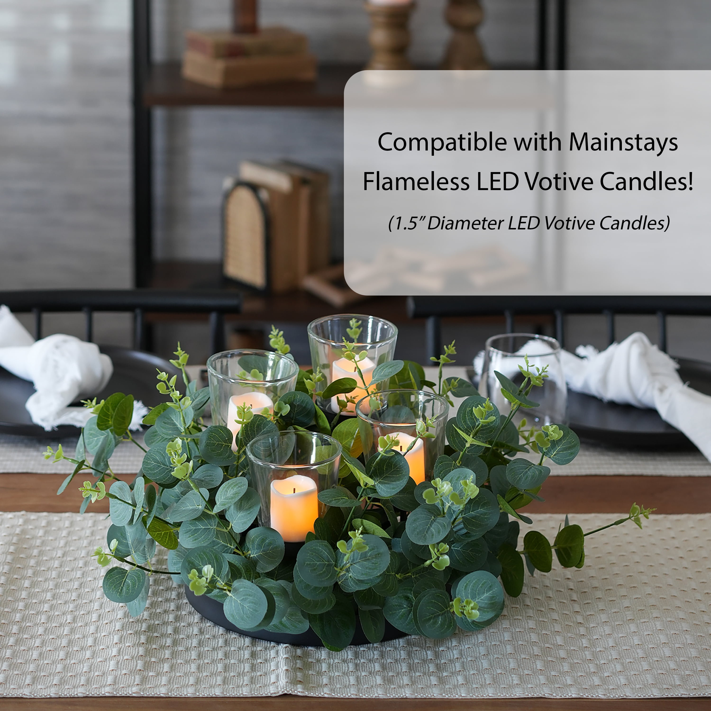 Mainstays Decorative Black Metal Tealight and Votive Candleholder Centerpiece with Faux Florals, 8.66 in x 8.66 in x 7.87 in