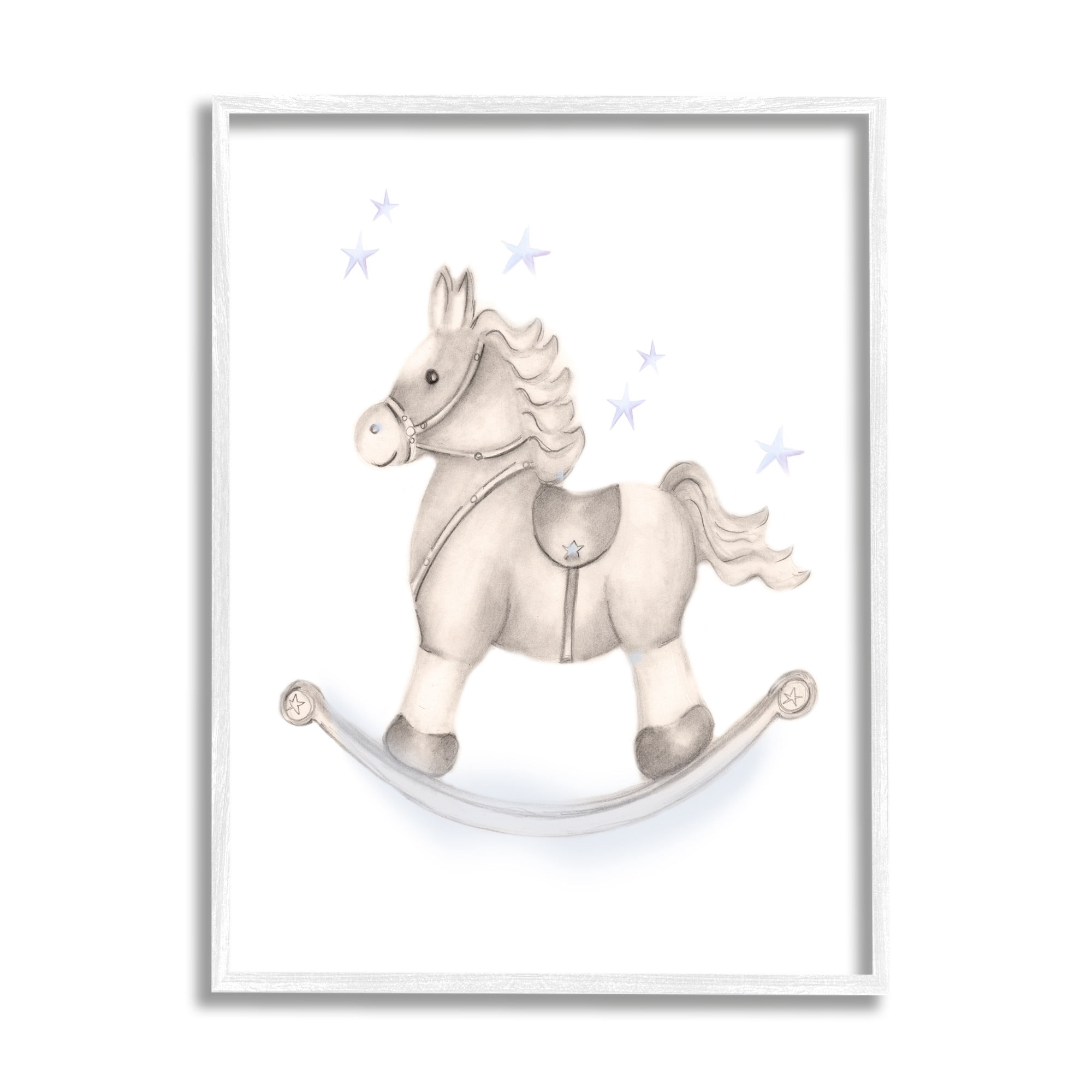 Stupell Industries Gentle Rocking Horse Blue Stars Nursery Playroom Graphic Art White Framed Art Print Wall Art, Design by Studio Q