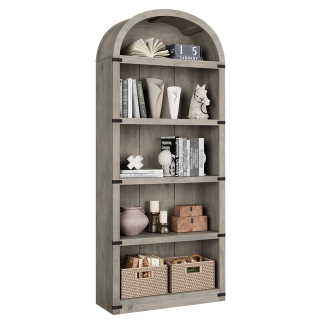 Librería rústica de 5 niveles con diseño arqueado, estantería independiente de madera para exhibir objetos en sala, estudio o dormitorio, color gris