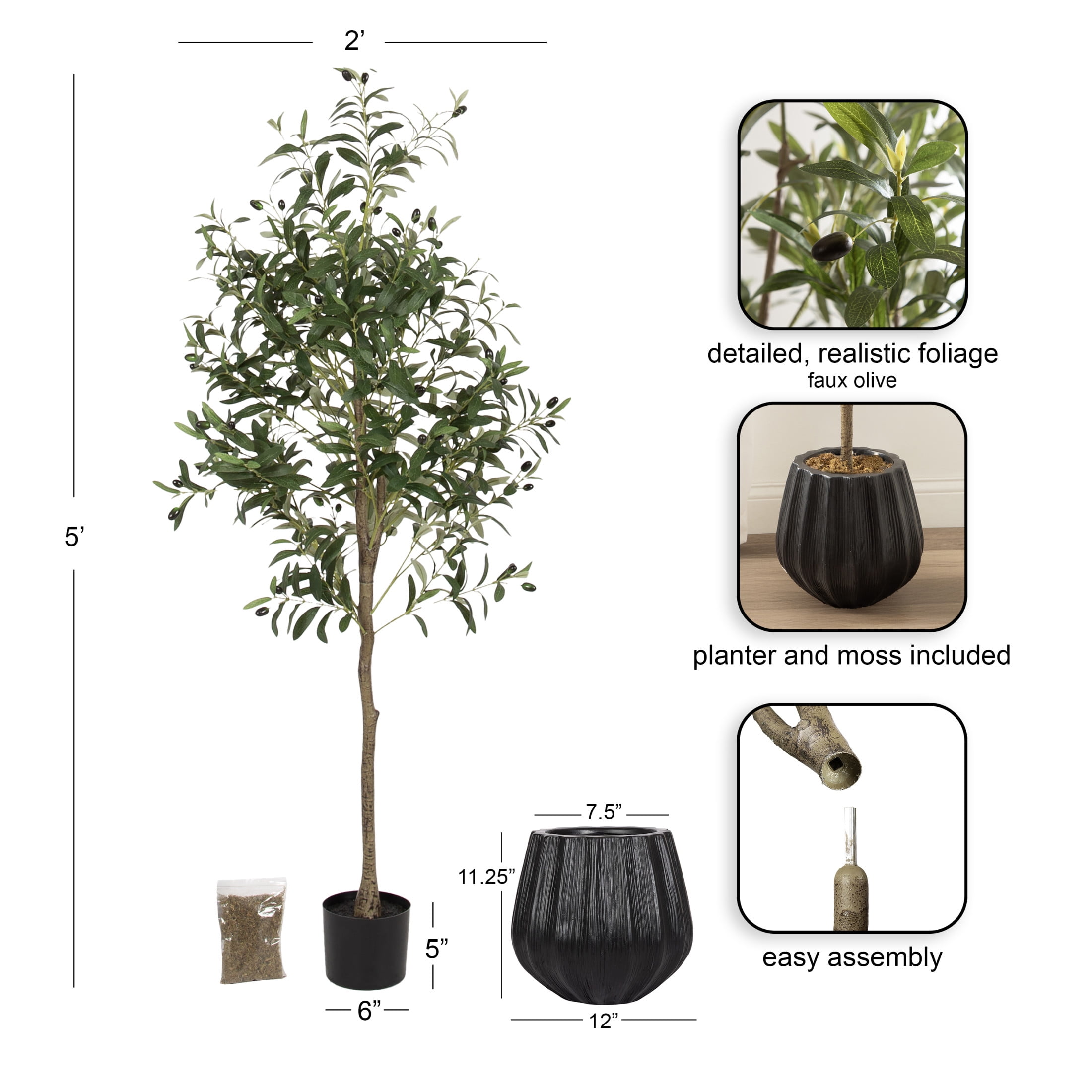 Kate and Laurel Oliveira Faux Olive Tree with Claudel Scalloped Planter Pot, 5 FT, Black, Potted Artificial Olive Plant Tree with Realistic Foliage and Added Moss, Fake Plant for Living Room Decor