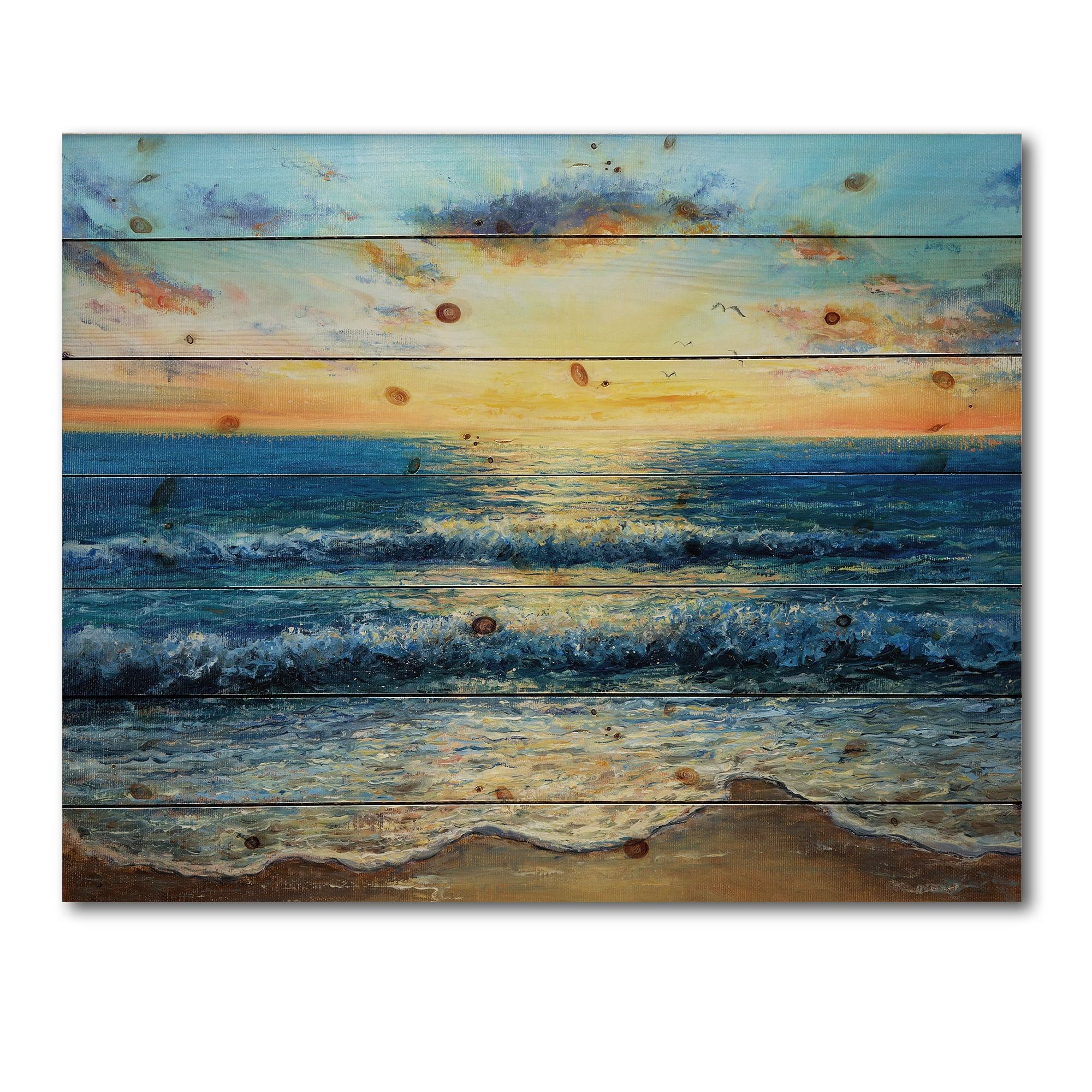 Designart 'Sunrise Glow On The Ocean Waves I' Nautical & Coastal Print on Natural Pine Wood