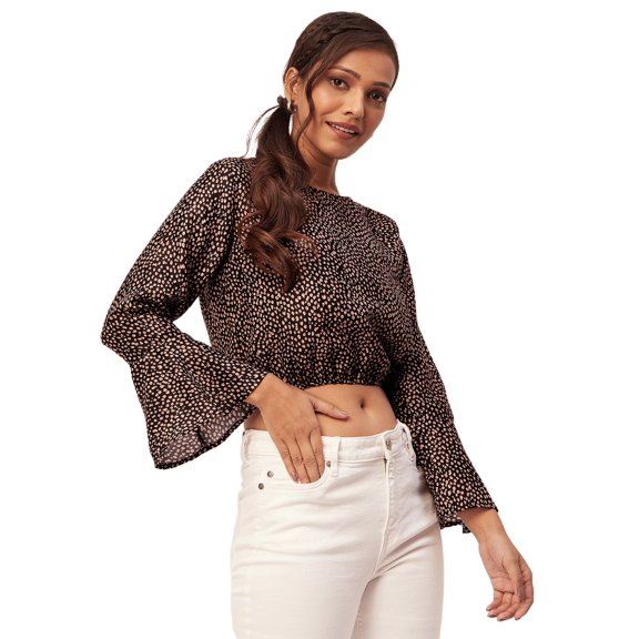 Moomaya Printed Blouson Top, Long Bell Sleeves Round Neck, Casual Crop Tops