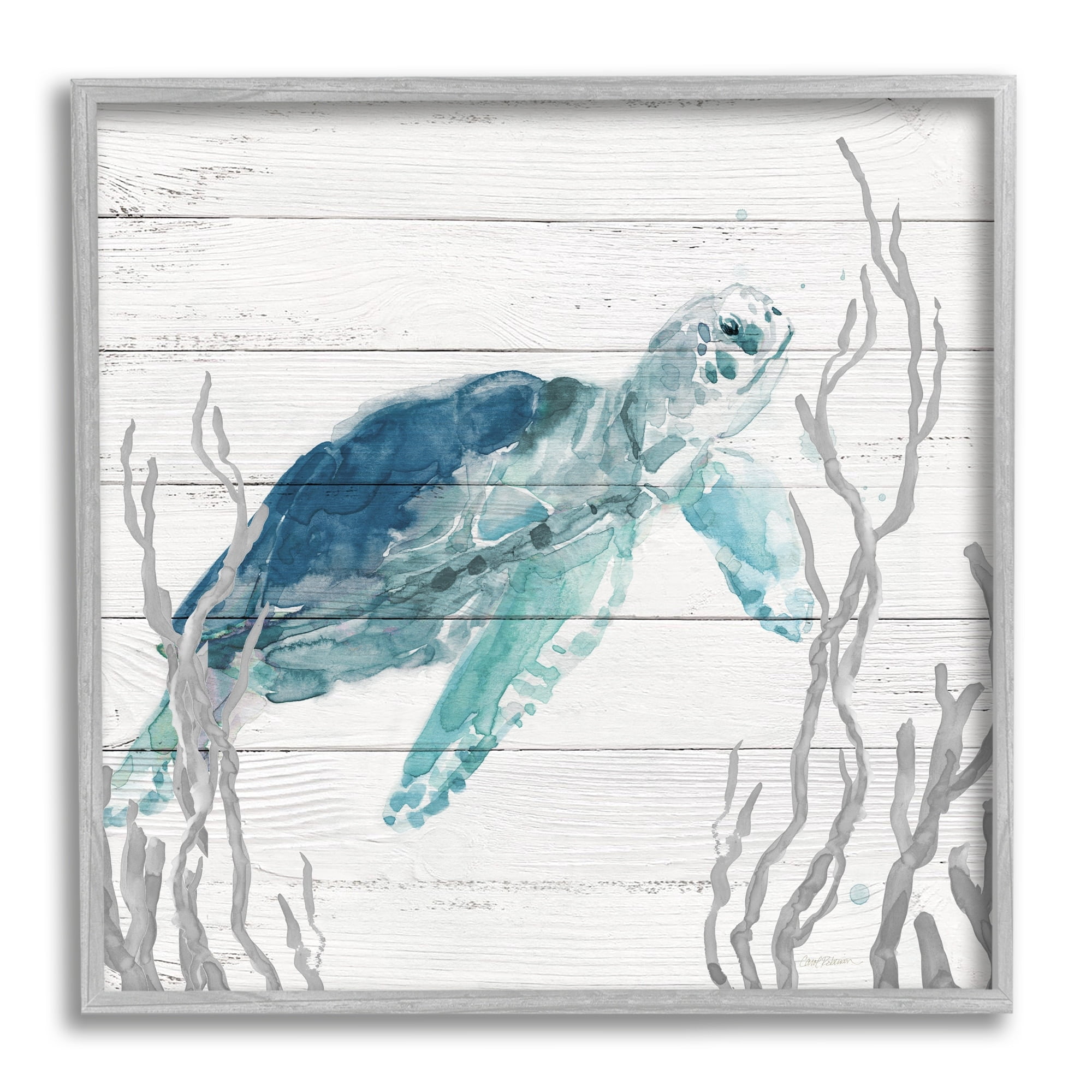 Stupell Industries Sea Turtle Ocean Botanicals Rustic Plank Pattern Graphic Art Gray Framed Art Print Wall Art, Design by Carol Robinson