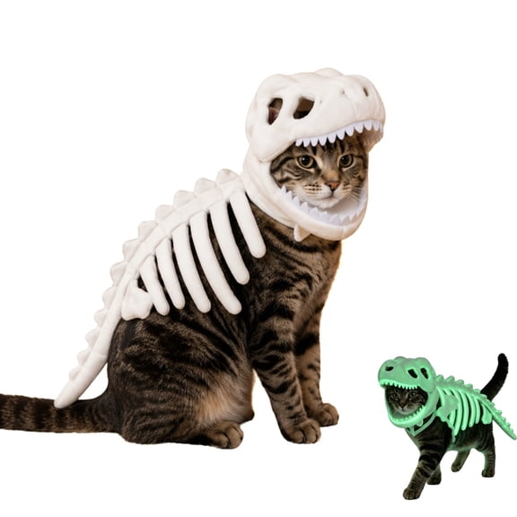 Dog Cat Pet Dinosaur Skeleton Costume, Soft Plush Dinosaur Halloween Outfit | 3D Dinosaur Bone Headpiece Outfits Clothes for Standard-Sized and Large Pets Cosplay Party Family