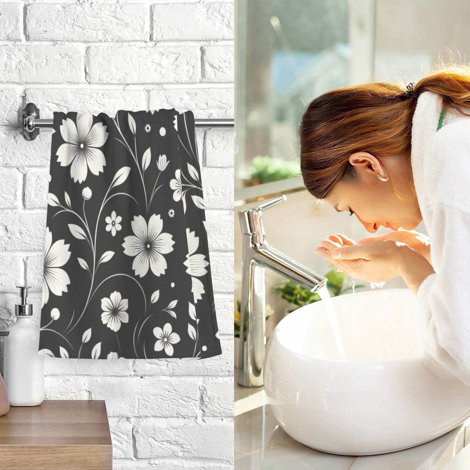 Retro White and Black Flowers Hand Towels Cotton Bath Towels Large Face Towels Absorbent for Bathroom 2 Packs