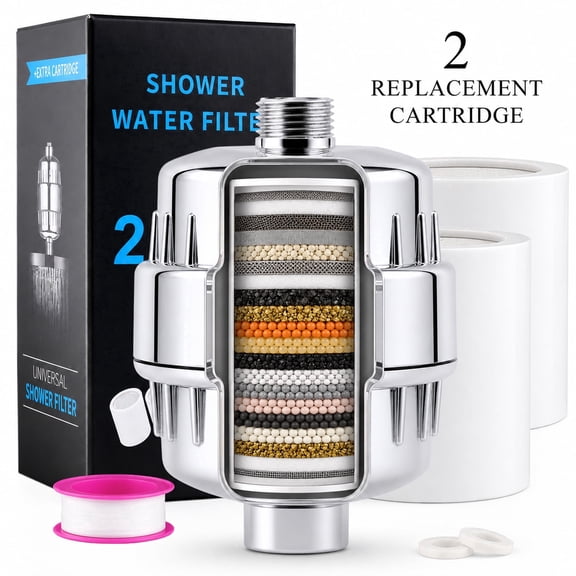 punada 20-Stage Shower Filter for Hard Water, High Output Shower Head Filter with 2 Replacement Cartridges, Improves Shower Experience & Water Feel, Polished Chrome