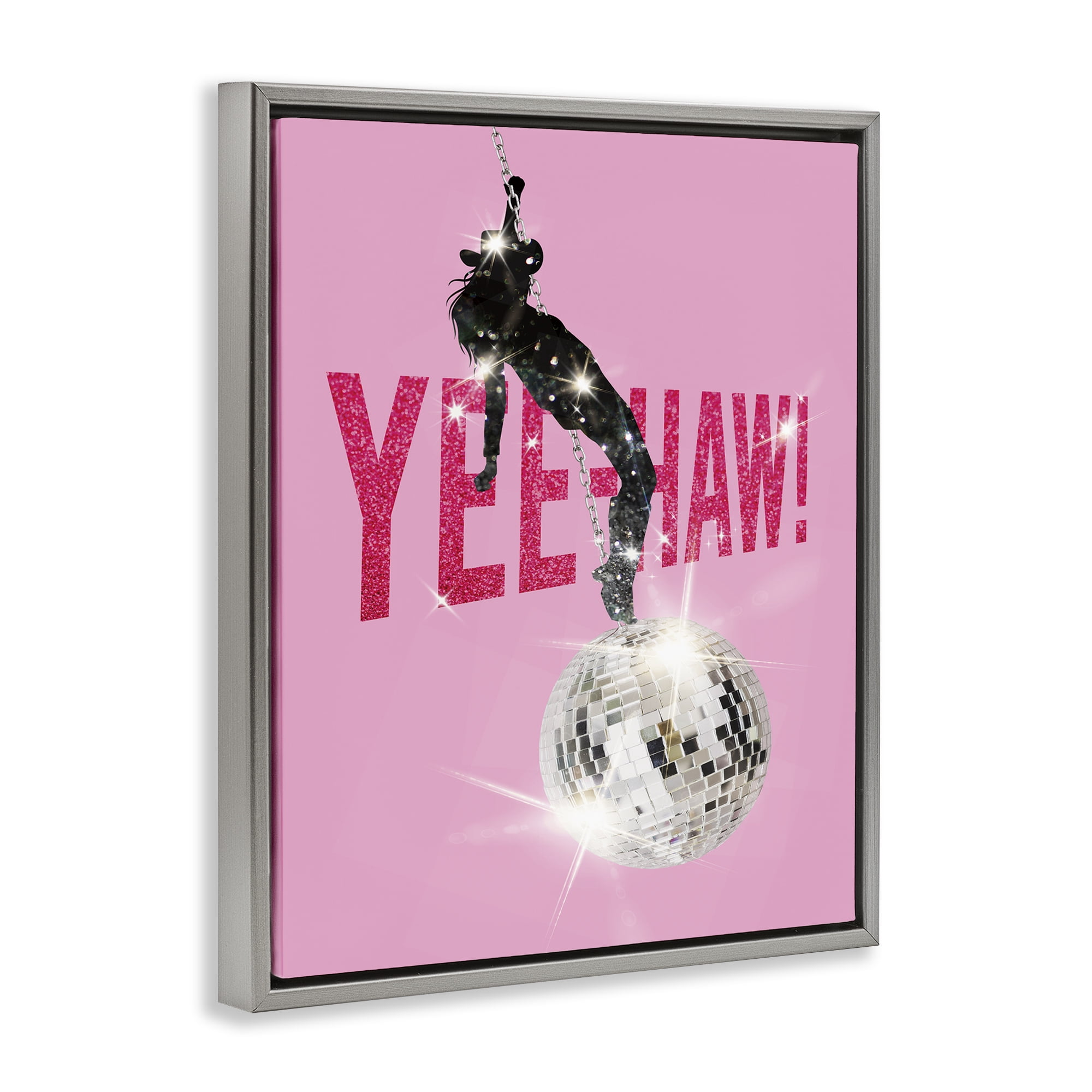 Stupell Industries Yeehaw Disco Cowgirl Text & Numbers Painting Gray Floater Framed Canvas Art Print Wall Art, 17 x 21