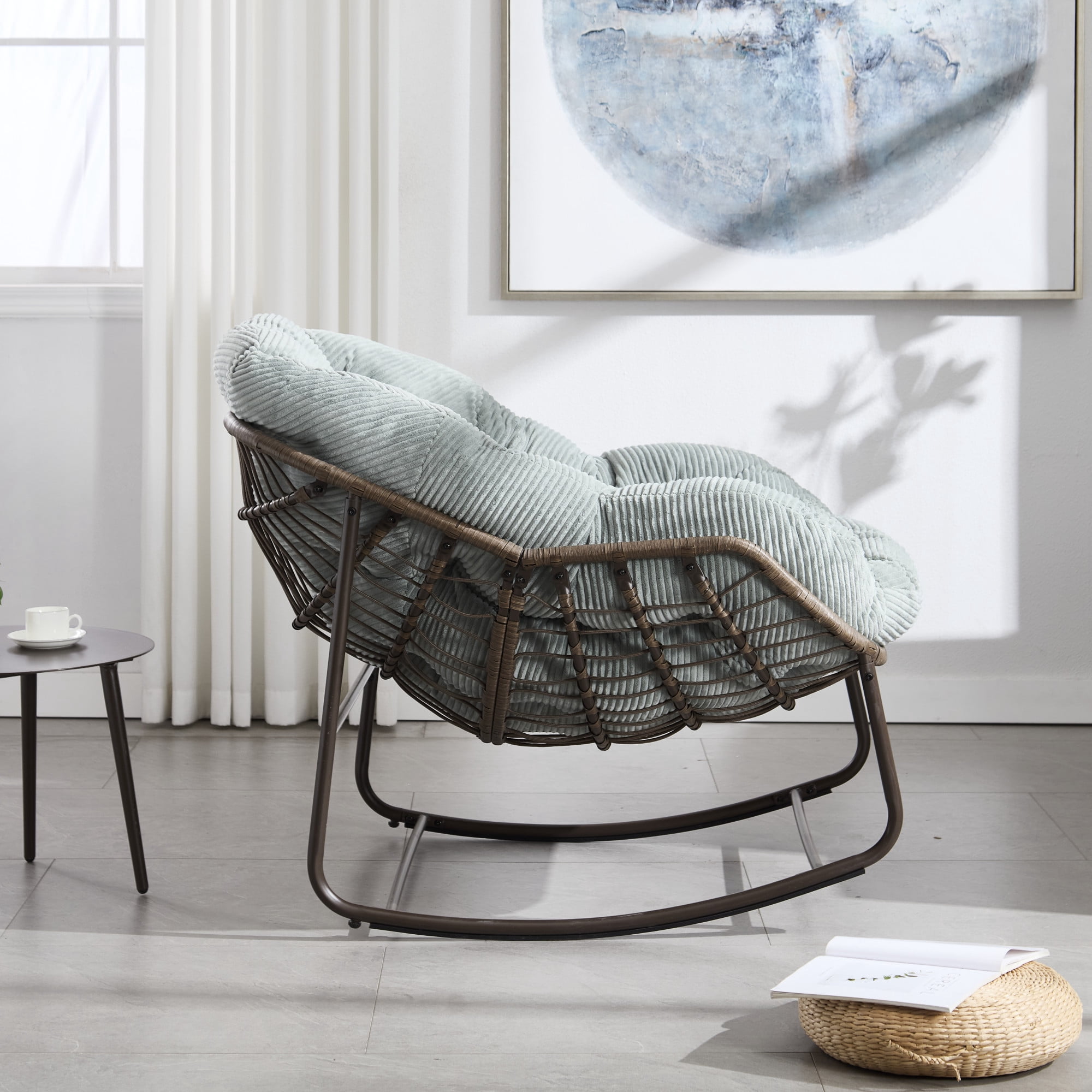 Howcool Patio Round Oversized Rocking Chair with Padded Cushion, Papasan Rattan Recliner Armless Chair