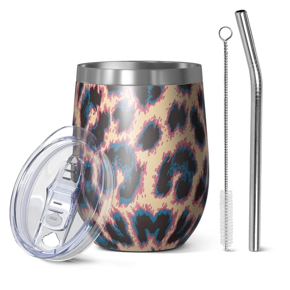 12oz Stemless Wine Tumblers Leopard Print Pattern Vacuum Insulated Stainless Steel Travel Tumbler Cups Mug with Lid and Straw for Champaign,Cocktail,Beer with Cleaning Brush