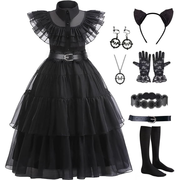 Lstmmwd Black Dress Up Costume for Girls Birthday Party Halloween Cosplay Outfit with Accessories 3-12Y
