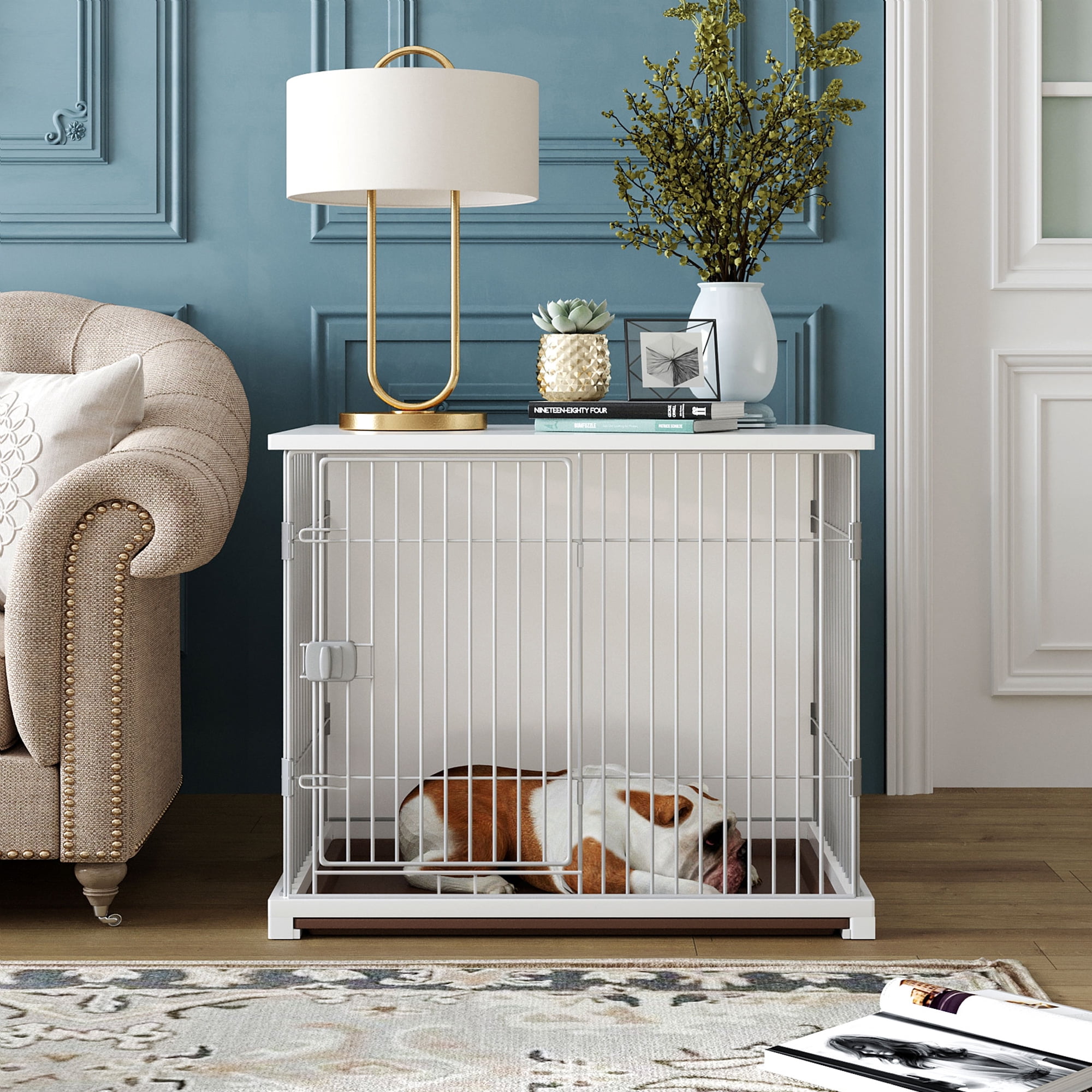 Wooden Dog Cage Crate, Seizeen 34" Length End Table with Wide Tabletop