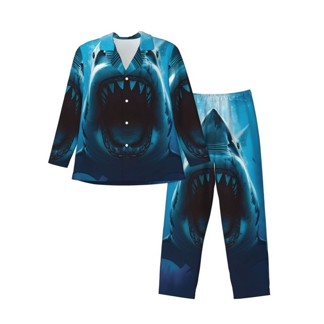 Fotbe Open-Mouthed Shark Pijama de Hombre con Estampado de Manga Larga, Conjunto de 2 Piezas, Ropa de Dormir Suave y Cómoda con Bolsillos-Small