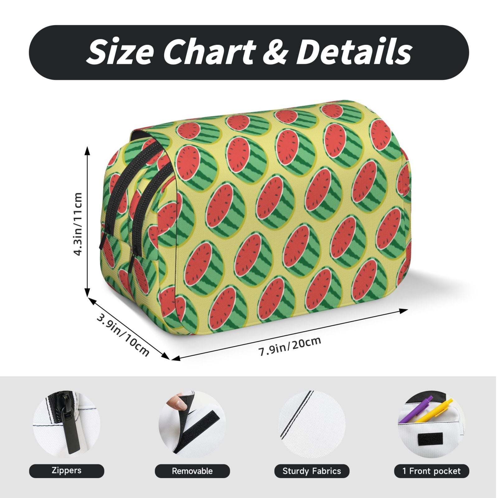 Rateoe Summer Watermelon Pattern Double Clamshell Pen Case, Storage Organizer with Two Zipper Compartments– Holds Up to 50 Pencils & Pens