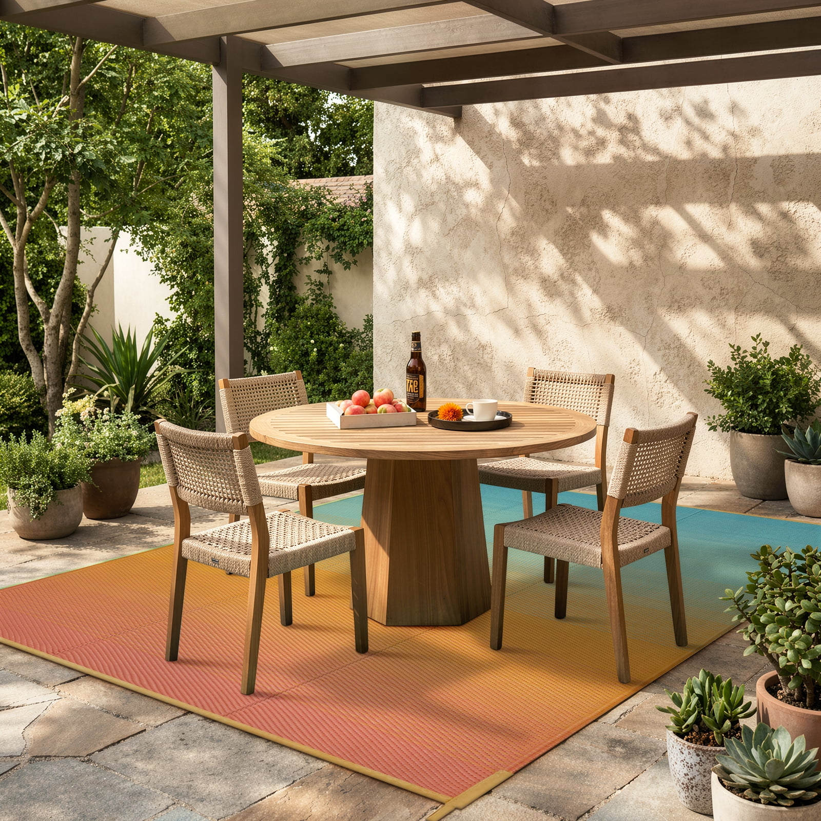 SUNDEREY Outdoor Rug 5'x8', Waterproof Reversible Plastic Straw Mat for Patio, RV & Camping - Non-Slip UV Resistant Carpet for Beach, Poolside & Deck, Orange & Blue