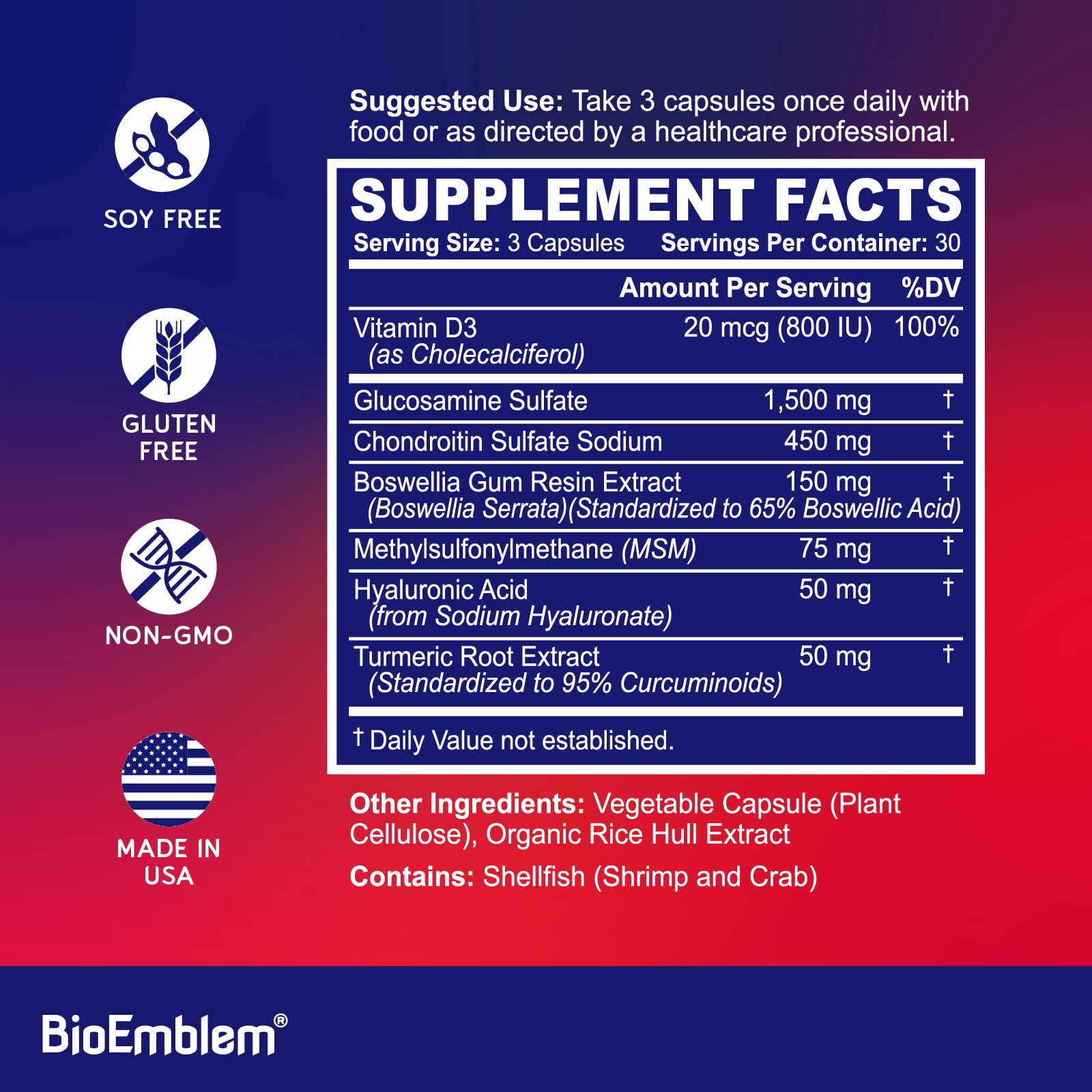 BioEmblem Joint Support - Glucosamine Chondroitin + MSM 1500 MG - With Boswellia, Turmeric & Hyaluronic Acid - Joint Health Supplement, Mobility, Flexibility, Cartilage - Non-GMO - 90 Caps