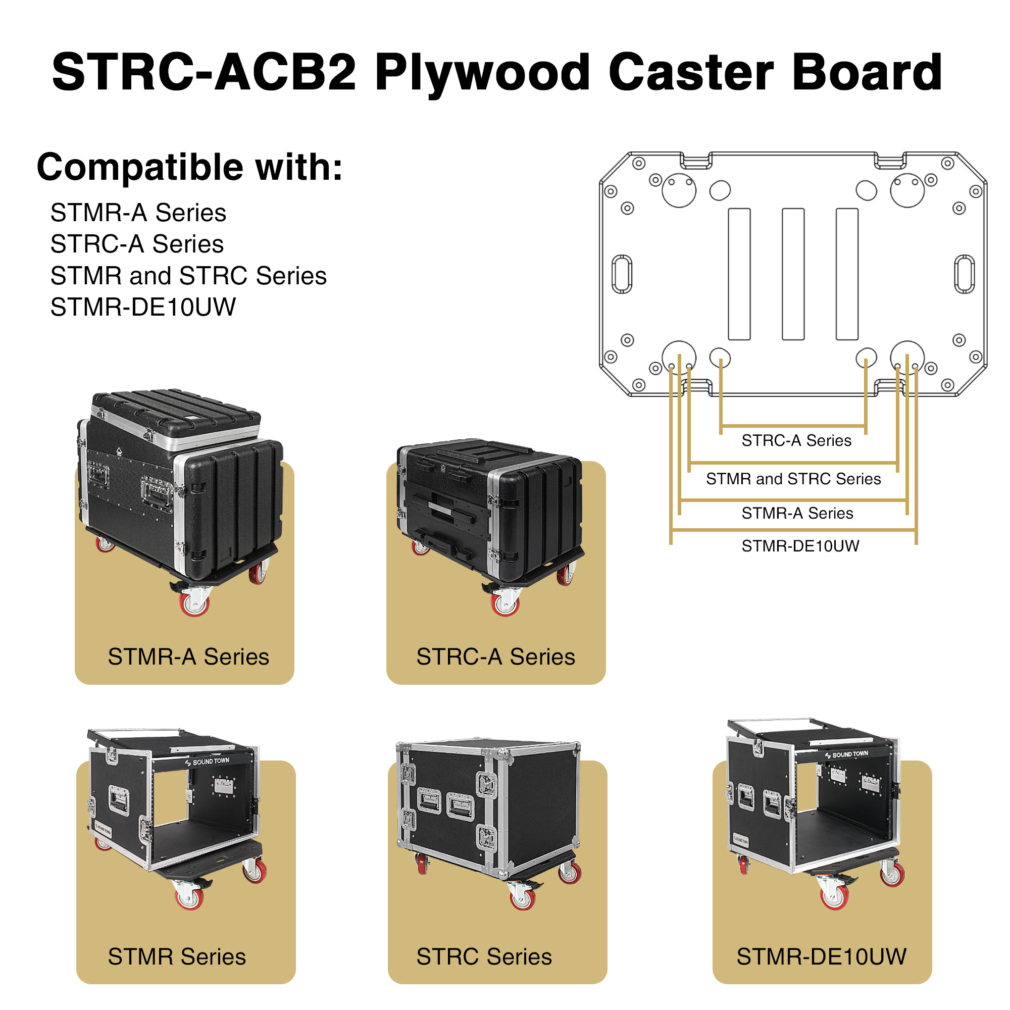 Sound Town Plywood Caster Board, for Sound Town Rack Cases, with 4-inch Wheels and Brakes (STRC-ACB2)