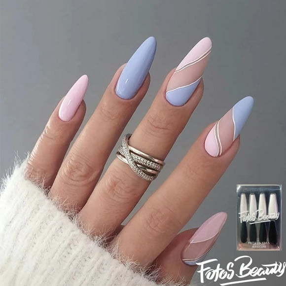 Fofosbeauty 24 pcs Almond Fake Nails Tips, Medium Press on French Nails, Almond Matte Pink Blue Waves