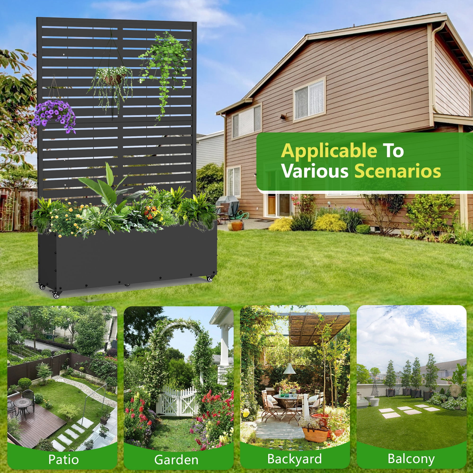 FOOWIN 71" H Metal Planter with Trellis and Wheels, Outdoor Raised Garden Bed for Climbing Plants, Trellis Planter Box with Drainage Hole, Black