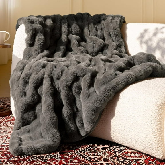 Ultra Soft Cozy Faux Fur Throw Blanket-Fuzzy Plush Thick Bubble Blanket, Fluffy Blanket for Couch, Sofa, Bedroom, and Living Room, 50x60 Inches, Dark Grey Taupe