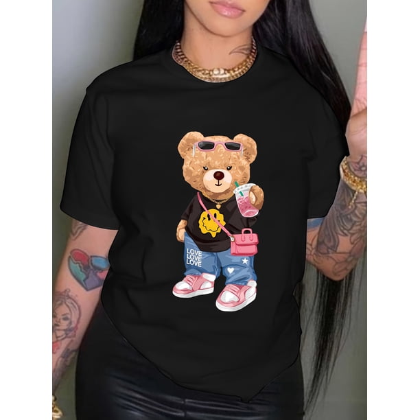 kawaii Little Bear Print T-shirt Short Sleeve Crew Neck Casual Top for Summer Spring Women's Clothing Shirt