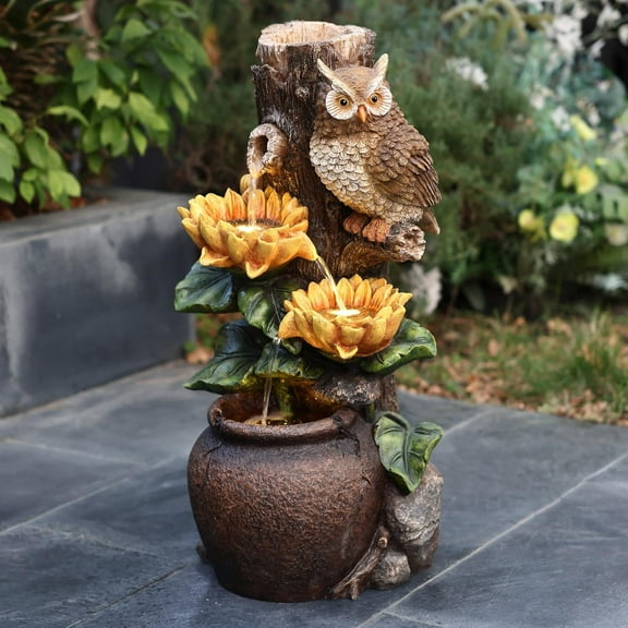 LuxenHome 28 Inch Tall Outdoor Water Fountain, Owl and Sunflower Cascading Waterfall Fountain Outdoor and Indoor with LED Lights, Resin Garden Water Fountains for Patio, Porch, and Backyard