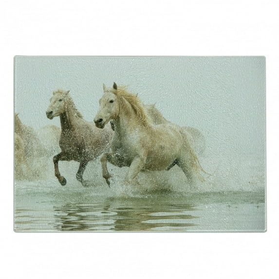 Horses Cutting Board, Camargue Horses in Water Oldest Breed Southern France Origin Photo, Decorative Tempered Glass Cutting and Serving Board, Small Size, White Beige, by Ambesonne