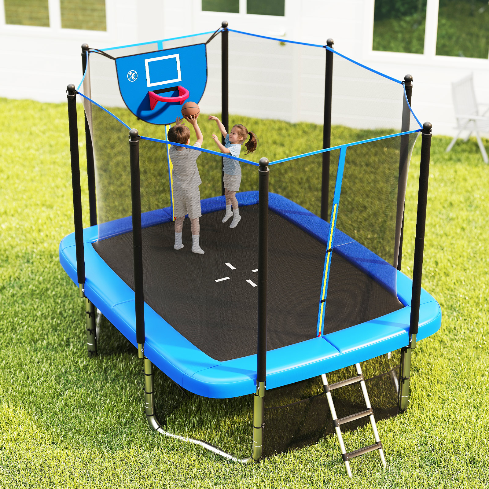 Gymax 10 x 8 FT Heavy-Duty Trampoline w/Basketball Hoop Soccer Goal Non-Slip Ladder Blue