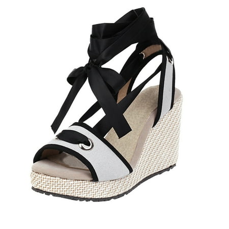

Women Bohemian Canvas Lace-Up Sandals Thick-Soled Ethnic Style Wedge Shoes