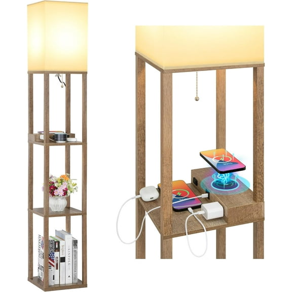 Modern Shelf Floor Lamp with Wireless Charger & Fast Charging USB Ports & Type C Port & 2 Power Outlets,3 Tier Storage Lamp for Bedroom(Wood)