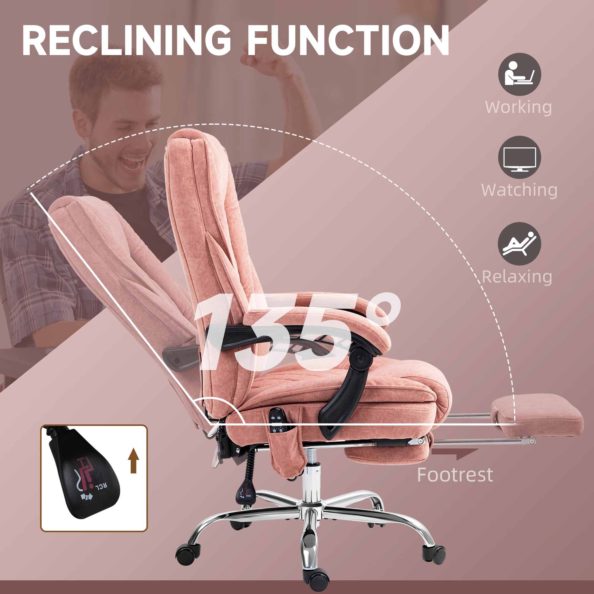 Vinsetto Massage Office Chair with Heat, Reclining, Footrest, Pink