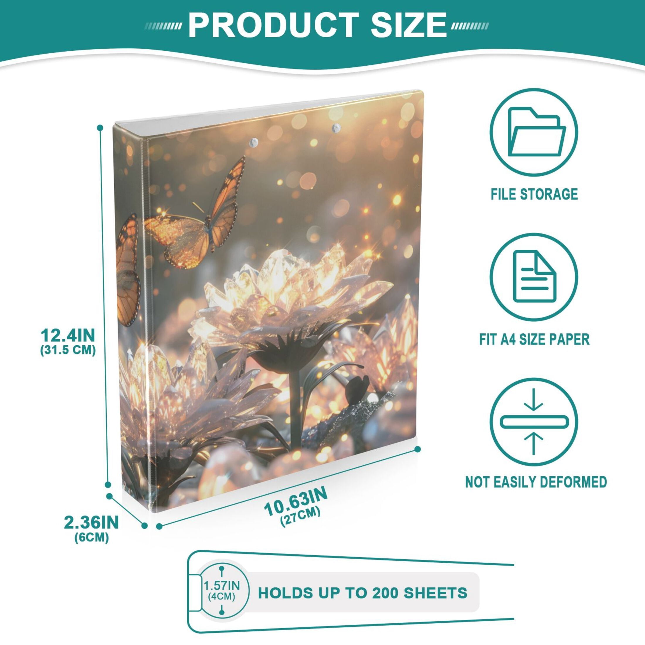 Butterflies Crystal Flowers 3 Ring Binders 1.5 inch Hardcover File Folders with Interior Pockets A4 Size Organizer for School Office Hospital