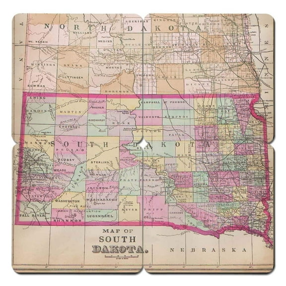 Torched South Dakota Old World Map Coaster Beer Bottle Coaster 4" x 4" x 0.25