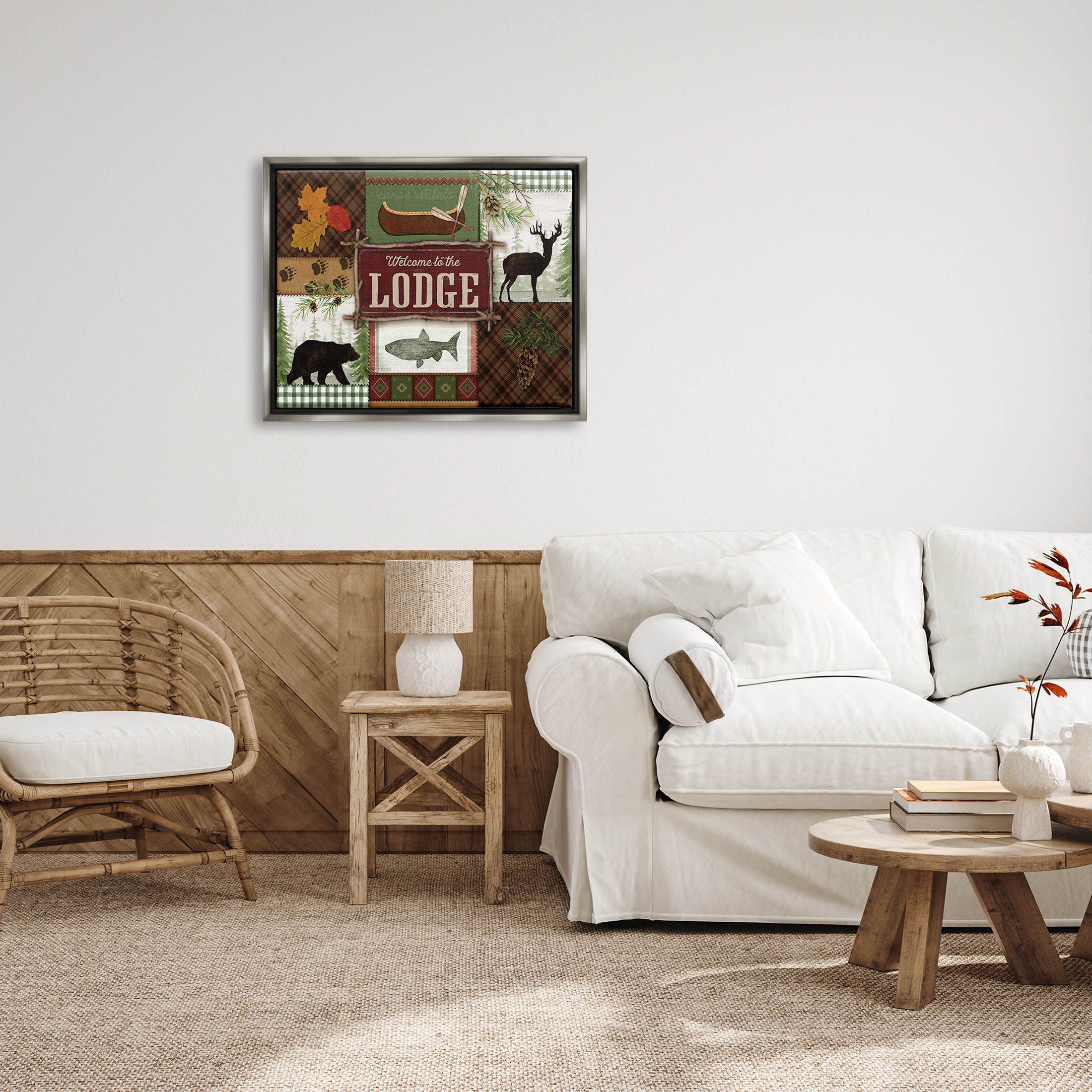 Welcome Lodge Plaid Wildlife Sign Animals & Insects Graphic Art Luster Gray Framed Art Print Wall Art