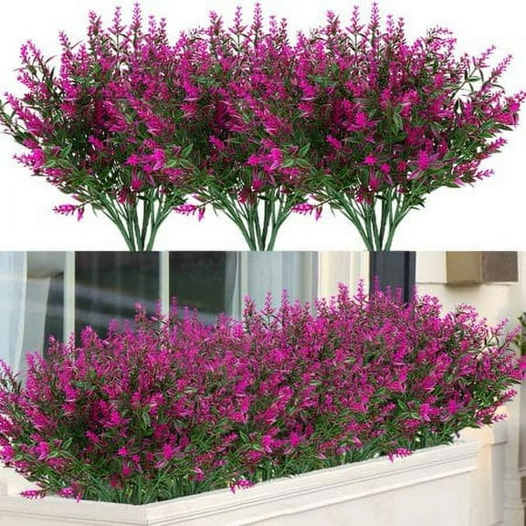 Asisol 8 Bundles Outdoor Artificial Lavender Fake Flowers UV Resistant Shrubs, Faux Plastic Greenery for Indoor Outside Hanging Plants Garden Porch Window Box Home Wedding Farmhouse Decor (Fuchsia)