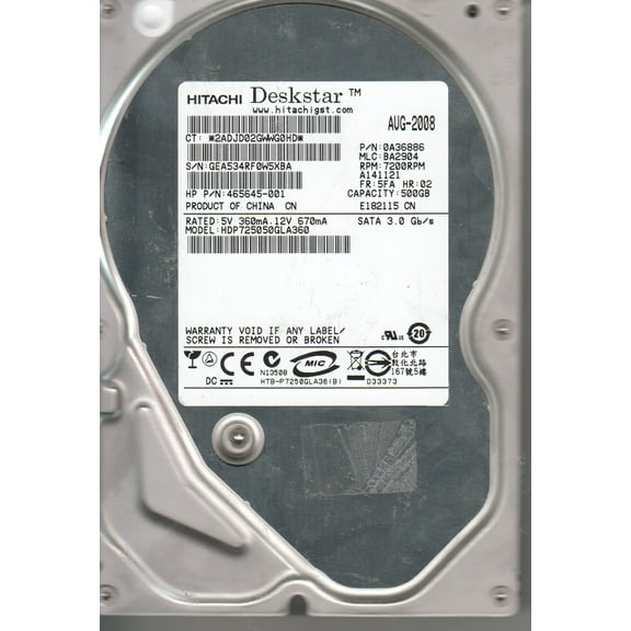 HDP725050GLA360, PN 0A36886, MLC BA2904, Hitachi 500GB SATA 3.5 Hard Drive