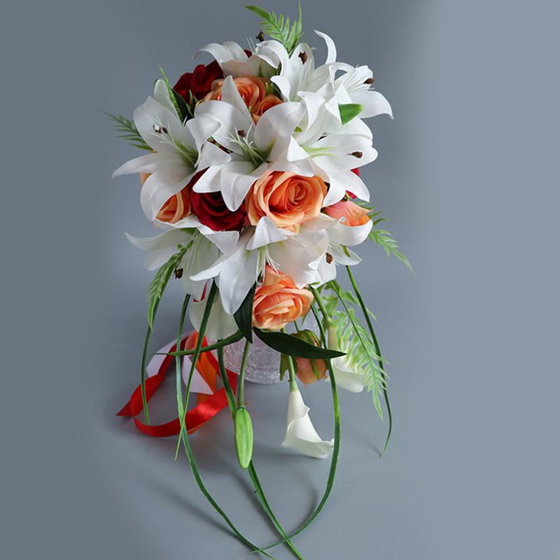 Zeiwohndc Artificial Lily Cascading Bridal Bouquet with Green Leaves Satin Ribbon Handle Water Drop Style Waterfalls Rose Wedding Holding Flower Party Photo Props