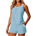 thumbnail image 6 of Costeam Womens Contrast White Trim Spaghetti Strap 2 Piece Outfit Set Loose Sleeveless Tank Top and Pull On Shorts with Side Pockets Elastic High Waist Solid Color Casual Matching Loungewear Suit, 6 of 9