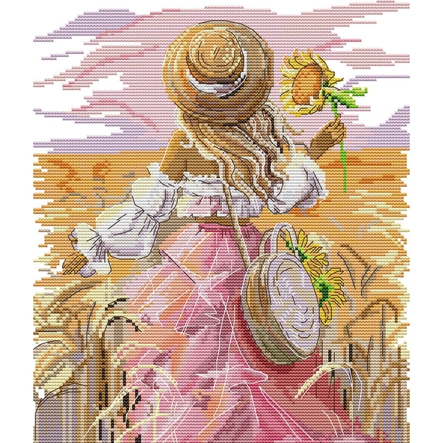 (RA483) Hilo Algodón Ecológico Bordado No Manchú 14CT 2 Hebras Impresión 30*34 Cm Kit Serie Personajes Punto Cruz Niña Girasol (borde Gancho)
