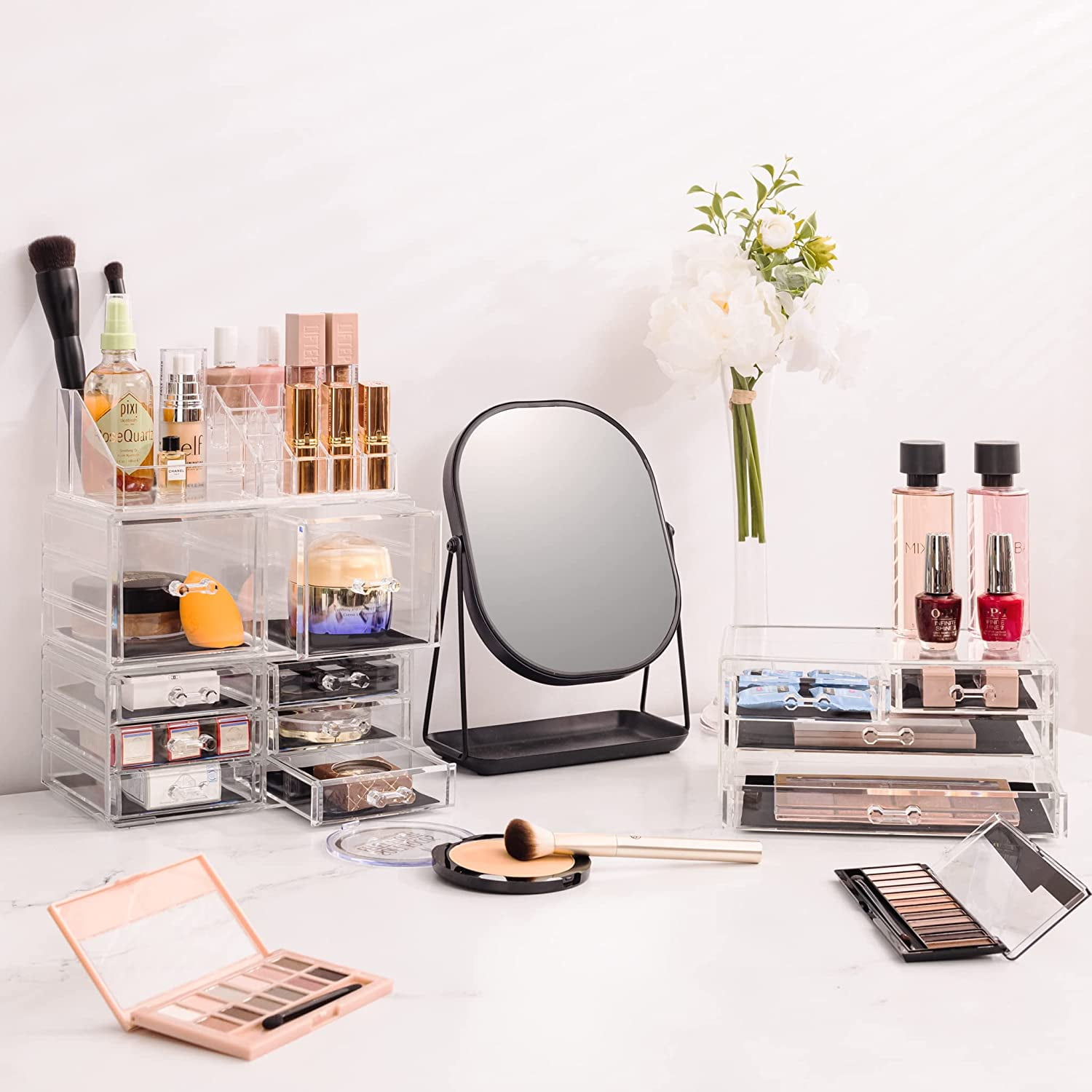 Sorbus Stackable Clear Makeup Organizer, 4-Piece, 12 Drawers, 16 Lipstick Slots