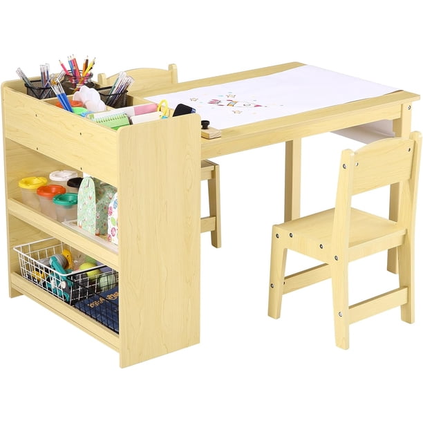 Mesa de arte para niños con 2 sillas, escritorio de actividades para dibujo y escritura, con estantes de almacenamiento