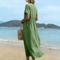 thumbnail image 5 of Domzest Womens Midi Dress Short Sleeve V Neck Linen Look Lace Trim Empire Waist Casual Summer Flowy Beach Vacation Sundress Green M, 5 of 9
