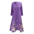 thumbnail image 2 of Women's Long Sleeve Maxi Dress V Neck Floral Print Irregular Hem Casual Loose Swing Dresses with Pockets Purple M, 2 of 4